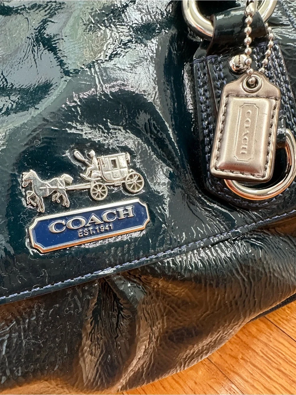 COACH Madison Large Sabrina Satchel Deep Teal Patent Leather Convertible 14179